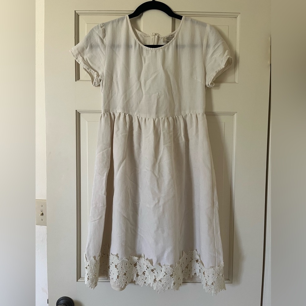 Polagram Women’s Ivory Cream Lace Trim Dress Size Small Cottagecore Short Sleeve